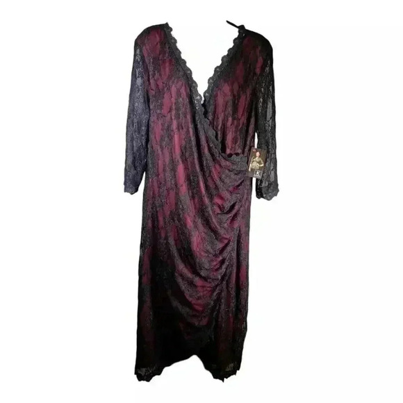 Kiyonna Lace Dress Faux Wrap Knee-Length Black Burgundy Women's 2X - Picture 1 of 5